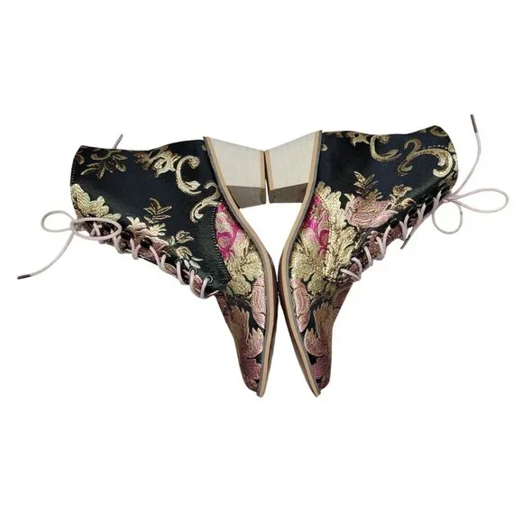 Womens Brocade Lace-Up Ankle Boots Floral Design High Block Heel Size 39 EU 8.5 - Picture 4 of 6